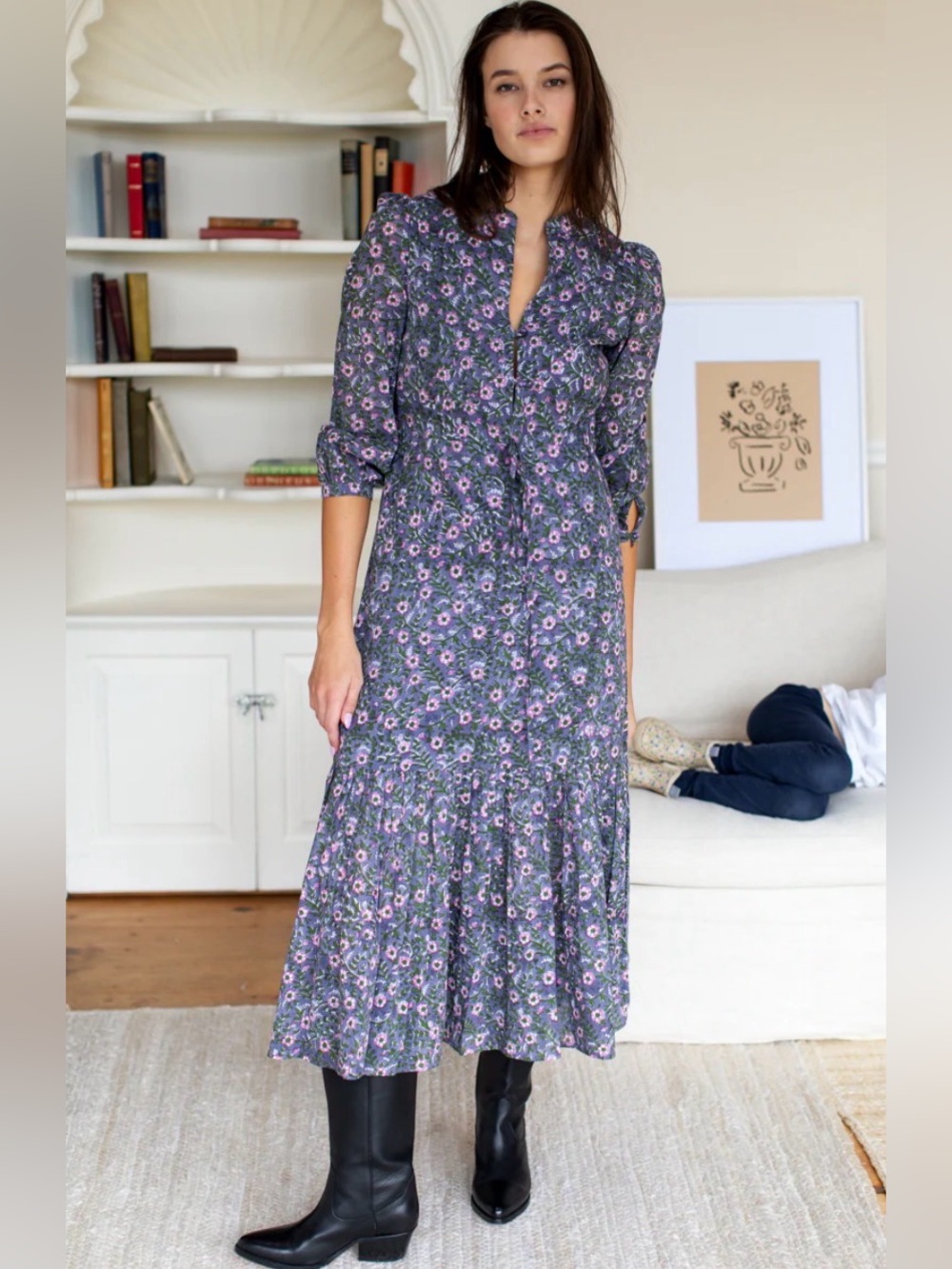 Emerson Fry India Collection Frances 3 Midnight Wildflower Maxi Dress L